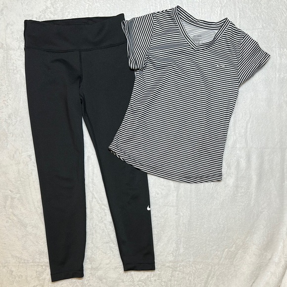 EUC Nike XS 4/5 dri fit Black leggings and white Stripe champion tee - Picture 2 of 5